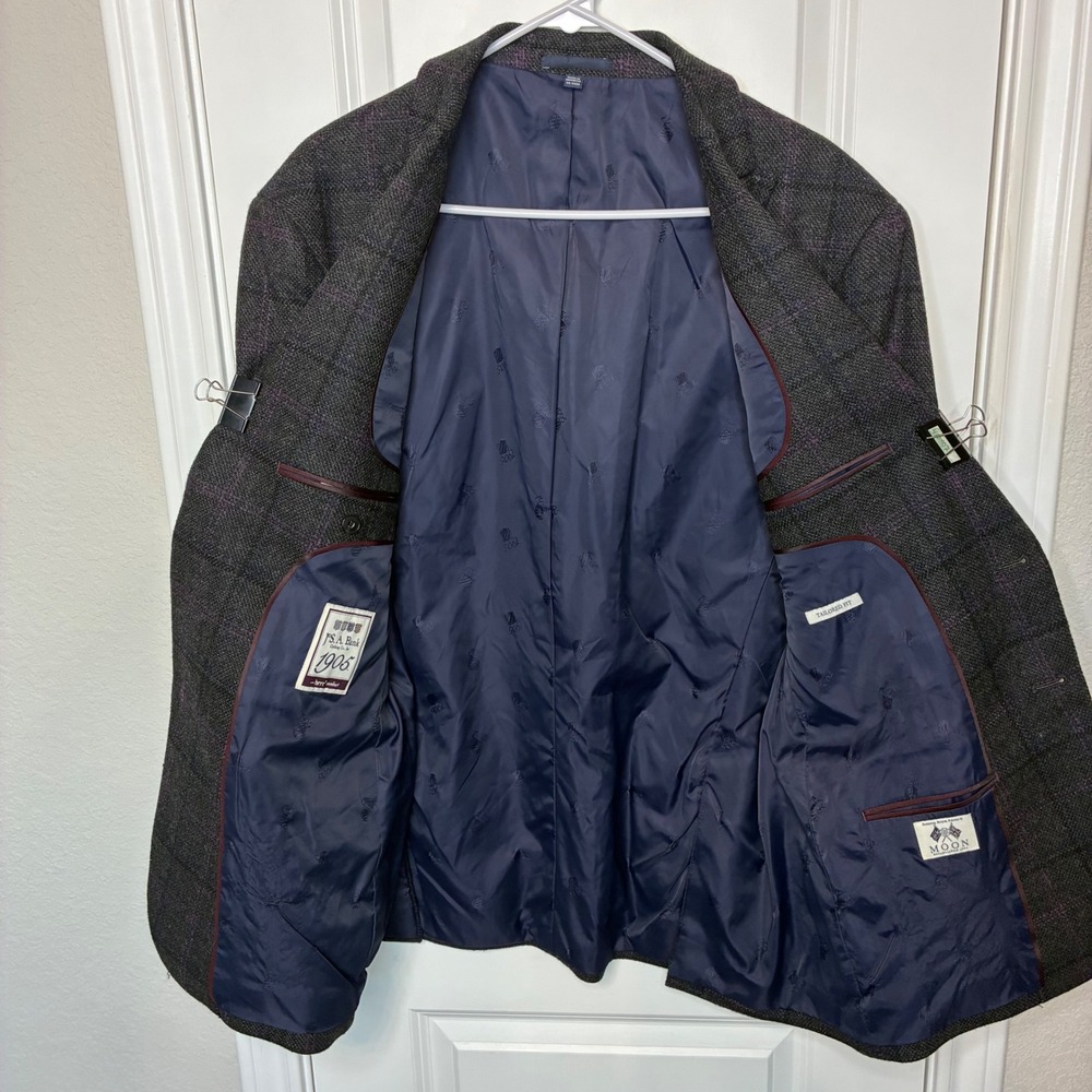 Jos. A. Bank Blazer Jacket Men 44R Grey Purple‎ Windowpane 1905 Sport Coat Moon - Picture 2 of 12